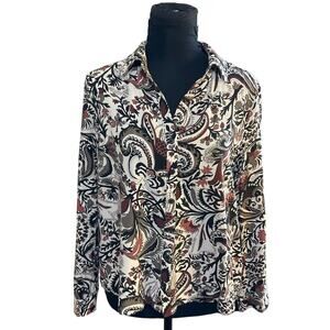 Elie Tahari Paisley Blouse Women Button Front Long Sleeve Career Wear Top
